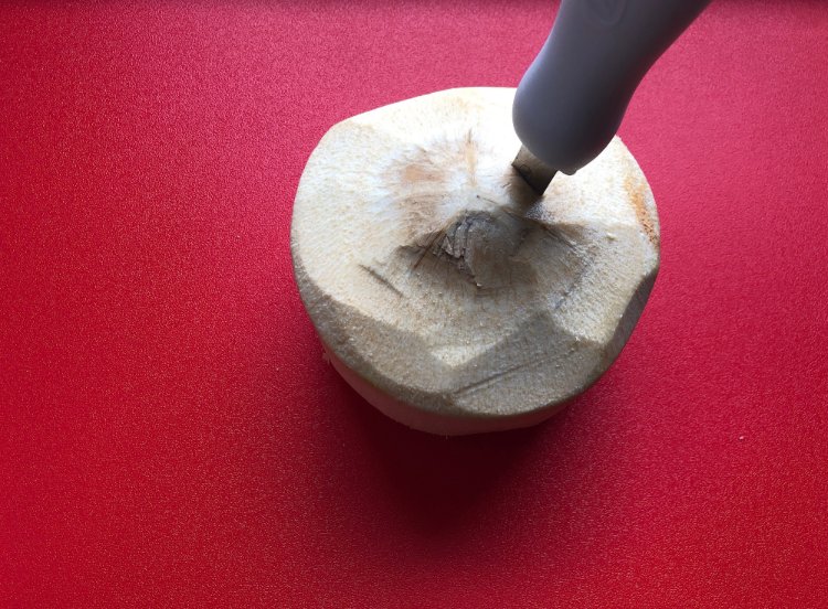 Image of Carefully but forcefully plunge the oyster knife into the coconut.