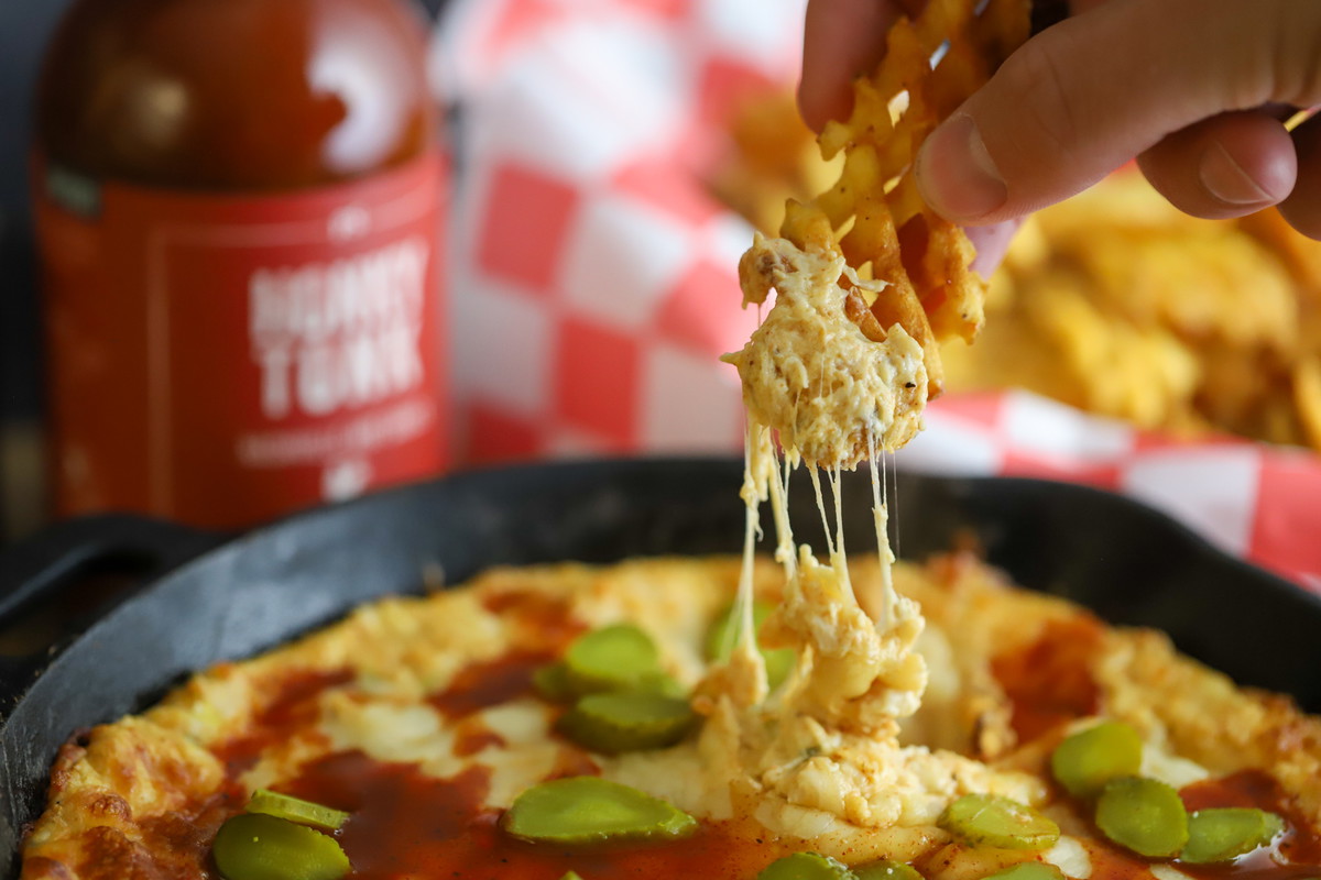 Hot Chicken Dip and Waffle Fries