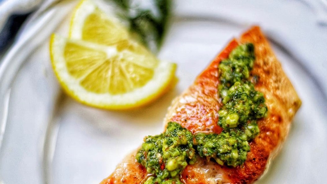 Image of Pan-Seared Salmon with Almond Basil Pesto by UrbanBlissLife