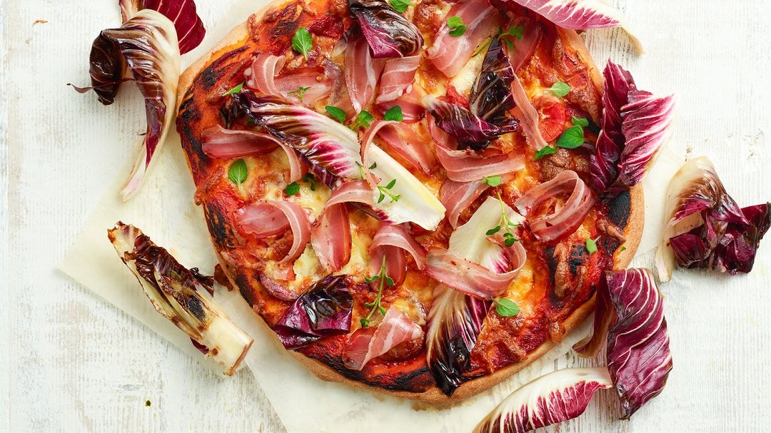 Image of Wild Boar Pizza with Pancetta, Goat Cheese & Grilled Treviso 