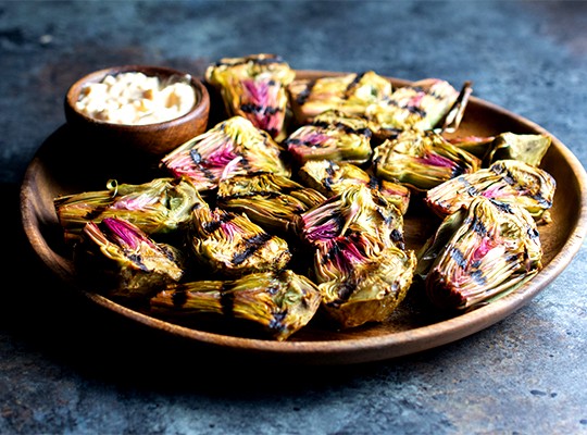 Image of Grilled Baby Artichokes with Hatch Pepper Dusted Hollandaise