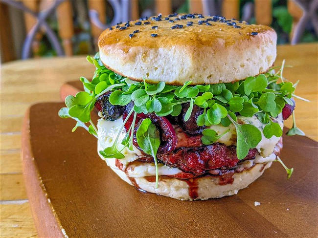 Image of Smoked Blue Cheese Burgers with Warm Saskatoon Berry-Red Onion Relish