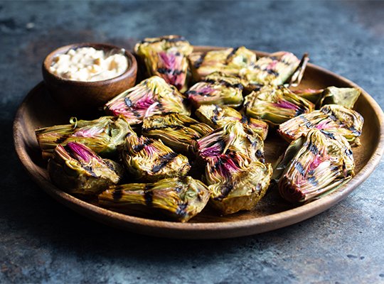 Grilled Baby Purple Artichokes with Shredded Parmesan Chipotle