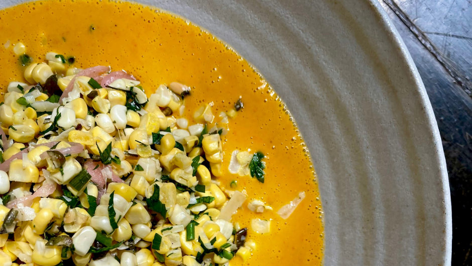 Image of Summer Corn Salad with Pickled Onions and Tomato Saffron Vinaigrette