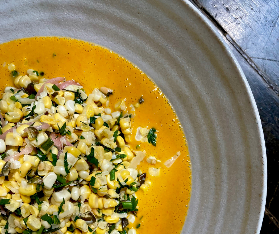 Summer Corn Salad with Pickled Onions and Tomato Saffron Vinaigrette