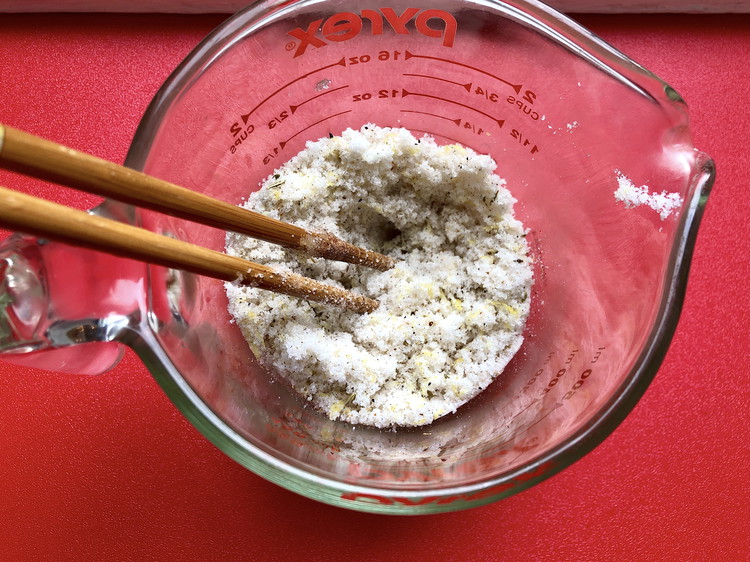 Image of In another bowl mix together the sugar, salt, and lemon zest, then using a small knife scrape the seeds from the vanilla bean***, adding them along with the remaining teaspoon of breeze. Mix well using a fork or a couple...