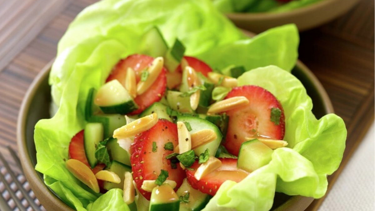 Image of Strawberry Cucumber and Almond Salad in Lettuce Cups