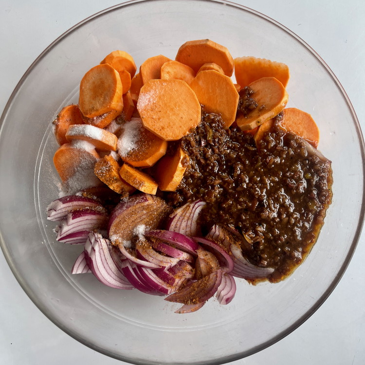 Image of In a large bowl, mix the sweet potato, red onion, Ararat, salt, and olive and lemon balsamic vinaigrette to combine well.