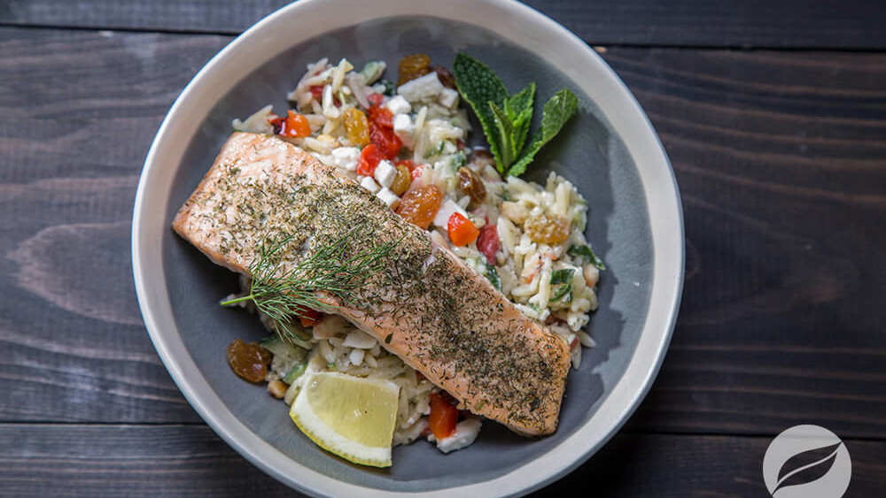 Image of Broiled Salmon with Greek Orzo Salad