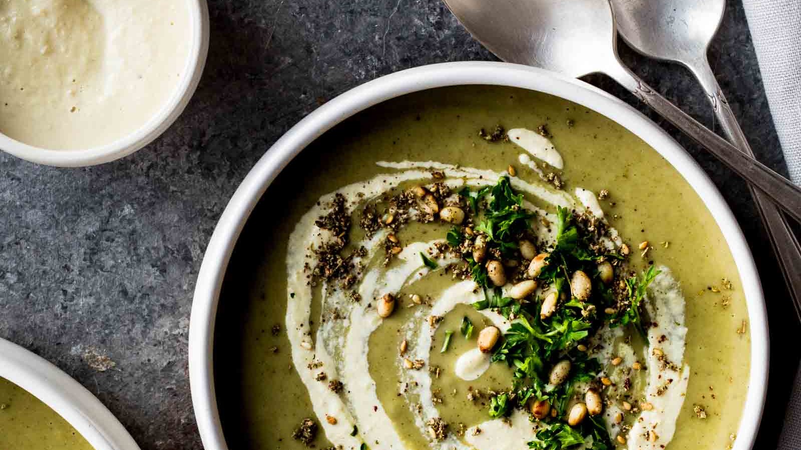 Image of Broccoli Za’atar Soup with Tahini Cream