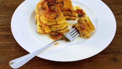 Image of Cheddar And Corn Pulled Pork Pancakes With Jalapeno-Bacon Syrup
