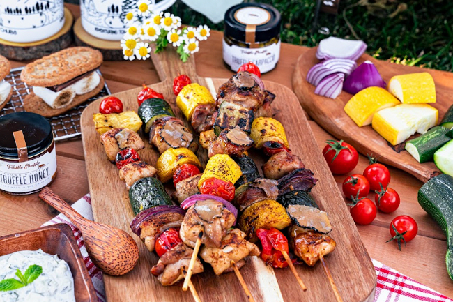 Image of Truffle Marinated Chicken Kebabs and Cucumber Yogurt Dip