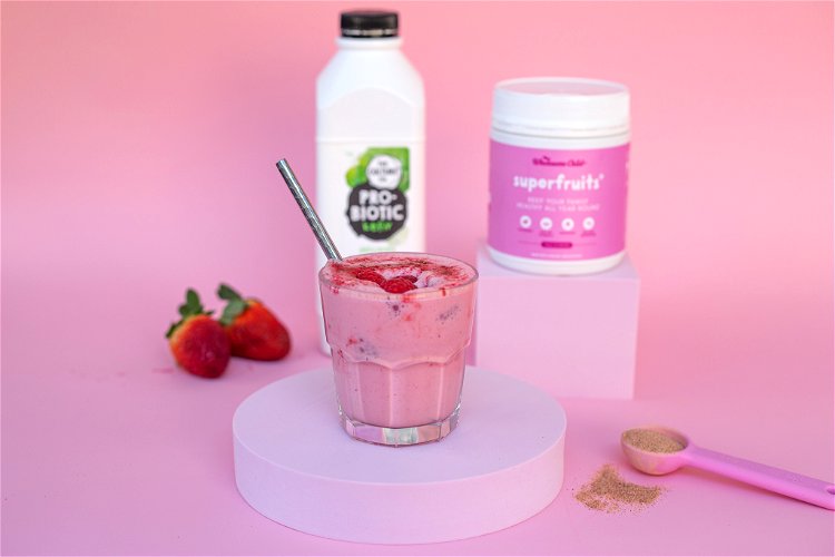 Image of In a small glass, combine kefir and Superfruits+ powder until well combined. Alternatively,...