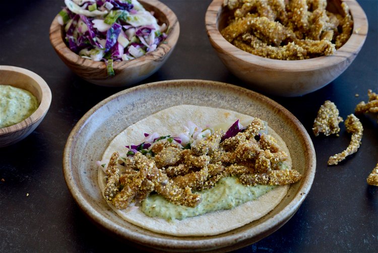 Image of Top your warmed tortilla with the coleslaw, fried oyster mushrooms,...