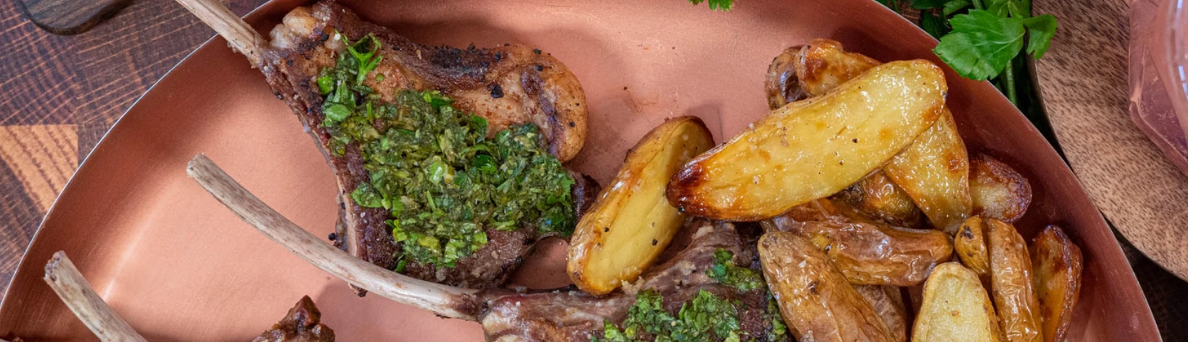 Image of Spring Lamb Chops with Truffle Roasted Fingerling Potatoes