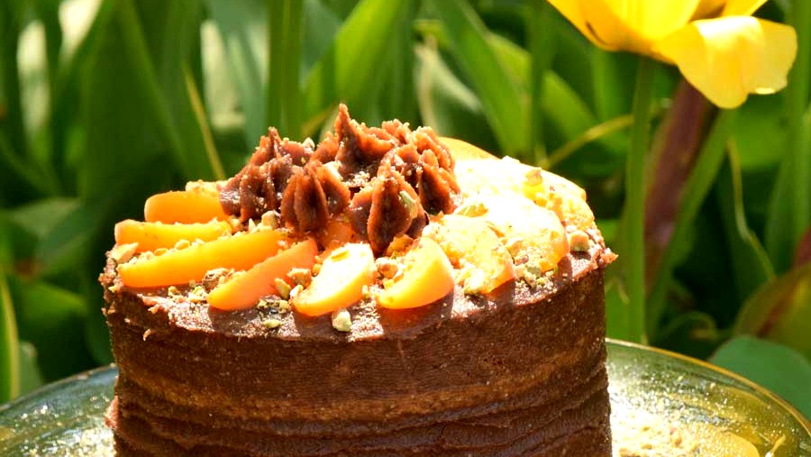 Image of Carob Layer Cake with Apricots and Pistachios