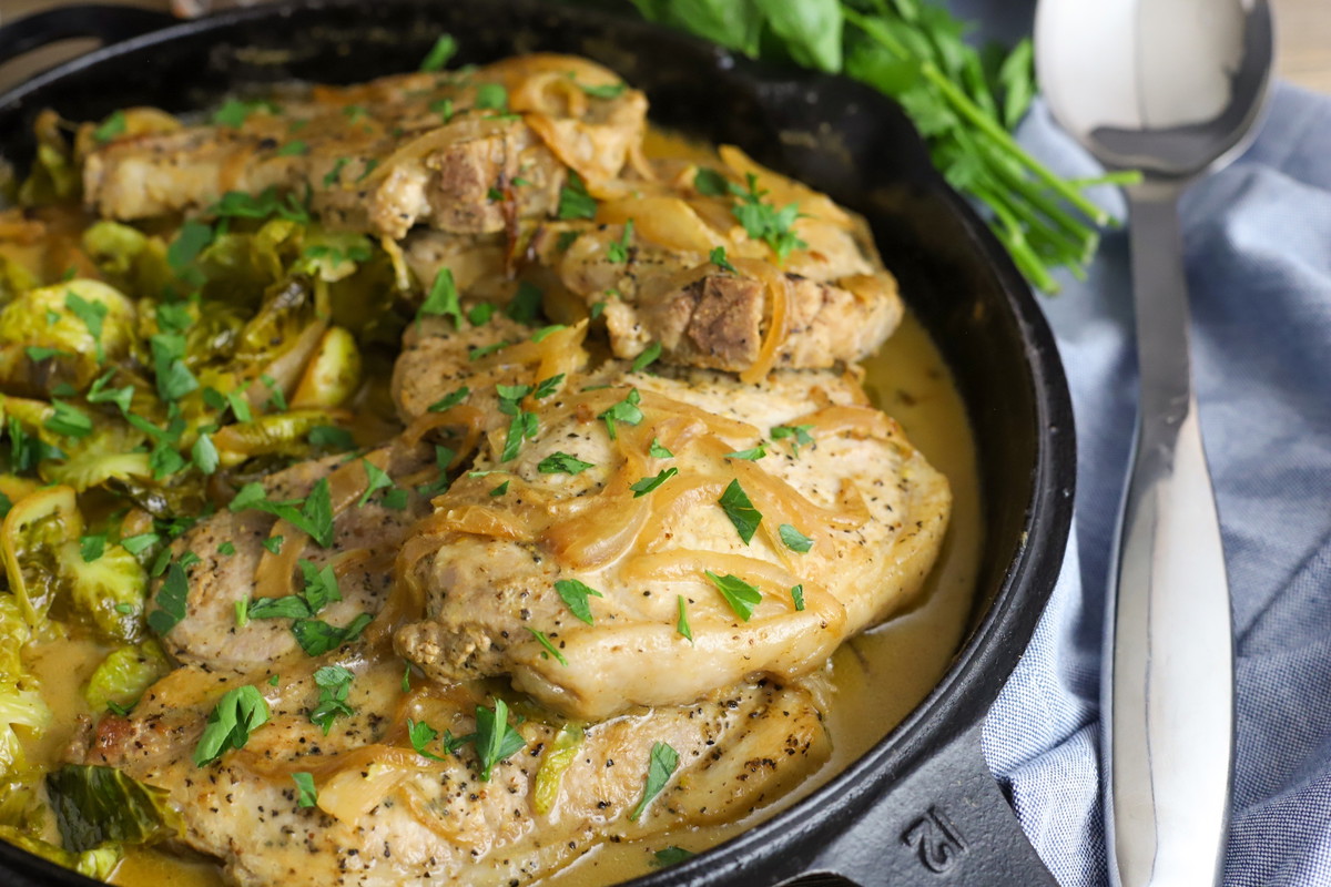 Smothered Pork Chops with Brussel Sprouts
