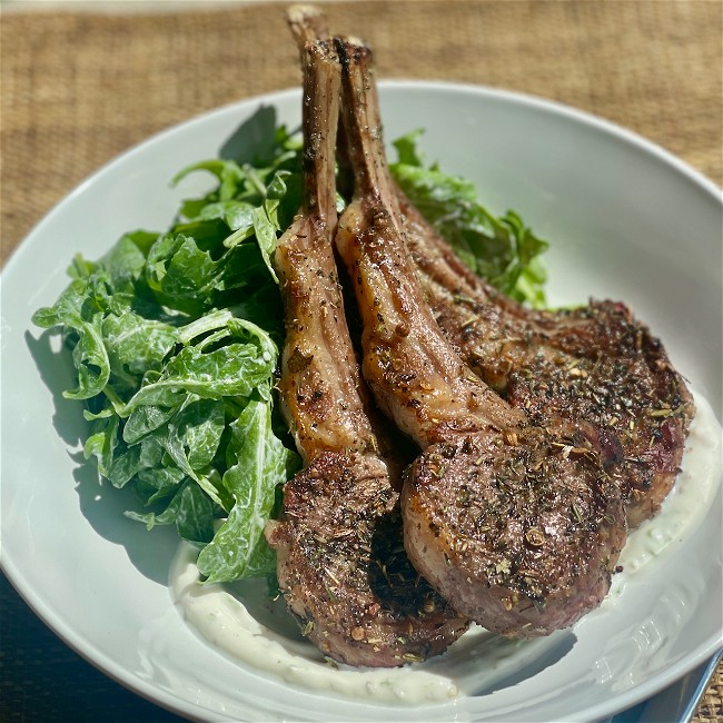 Image of Sautéed Lamb Chops with Riviera Herbs, Arugula Salad, & Greek Yogurt Dressing