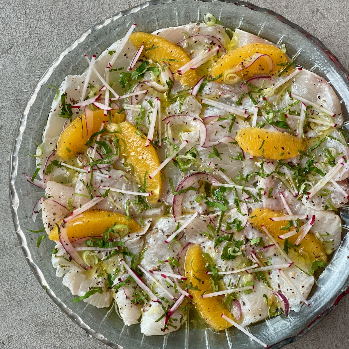 Crudo of Hamachi with Orange Segments, Radishes, Scallion, & Sel d’antibes