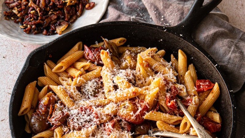 Image of Pancetta Pasta with Heirloom-Roasted Tomatoes