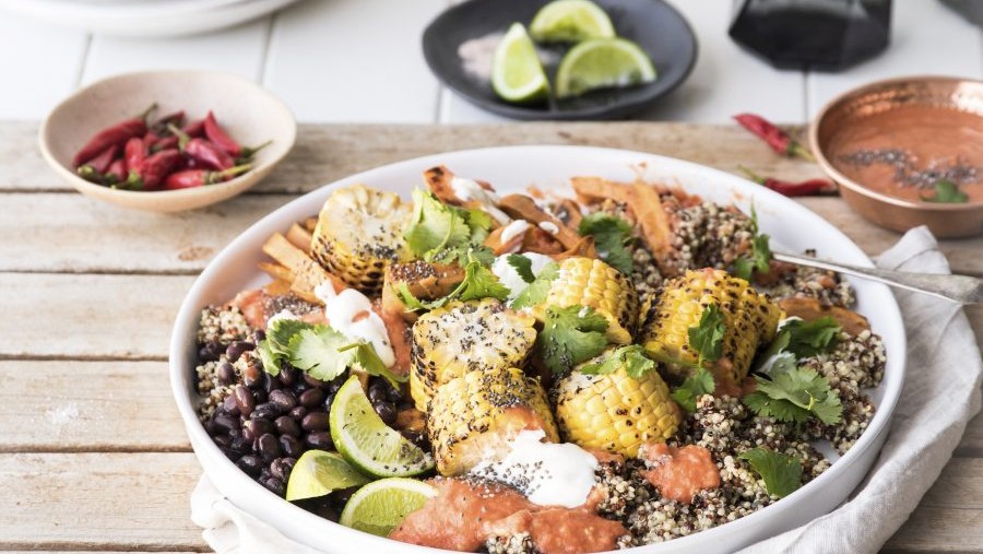 Image of Mexican chia and quinoa salad with sweet potato chips