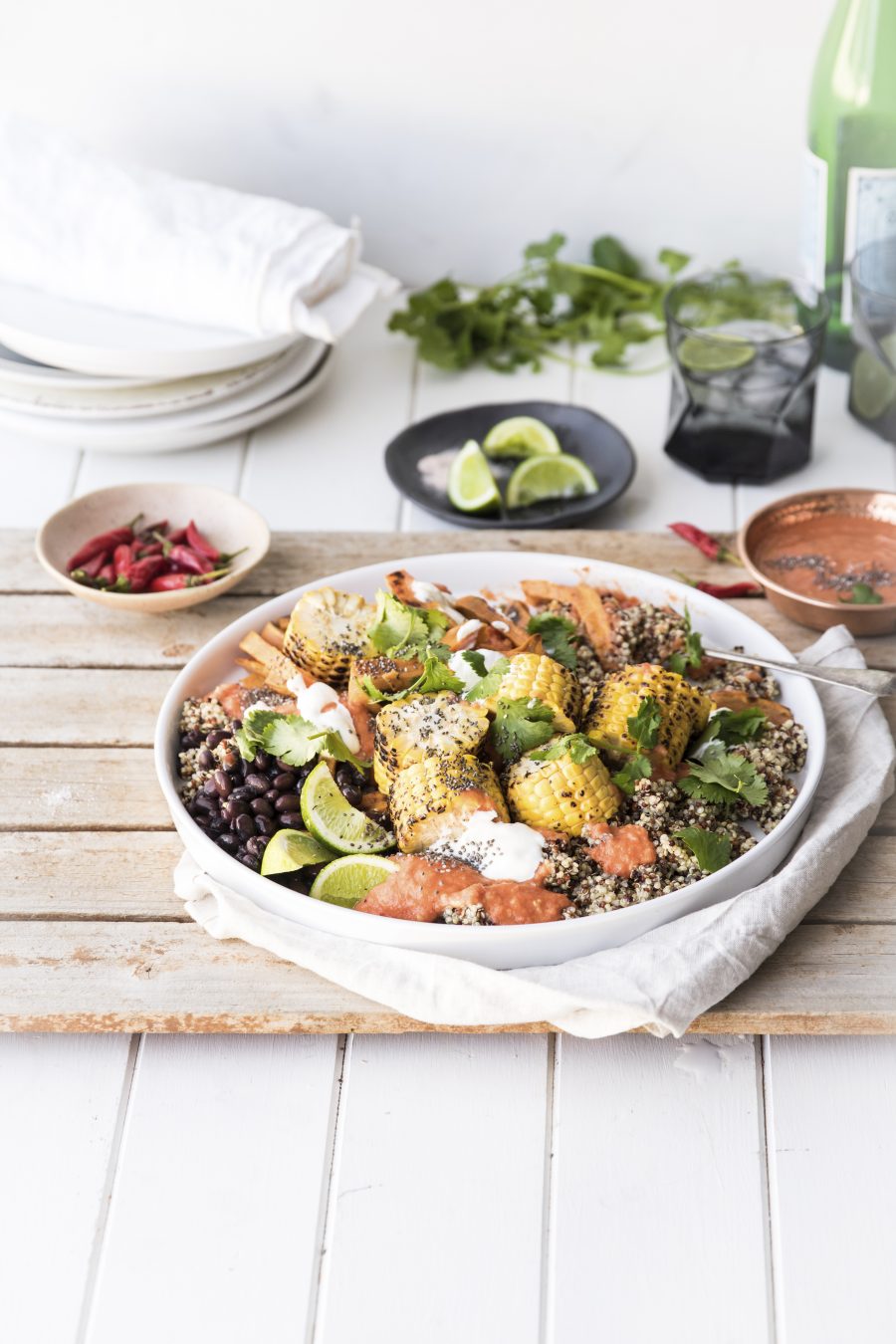 Mexican chia and quinoa salad with sweet potato chips