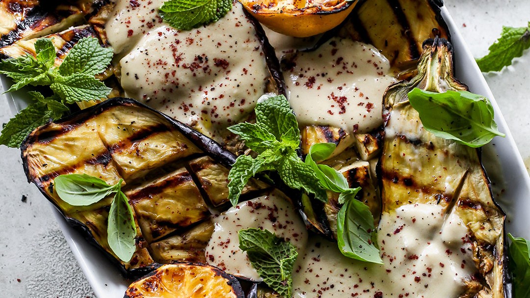 Image of Grilled Eggplant with Garlicky Tahini Yogurt Sauce