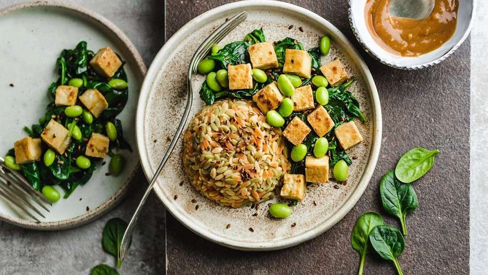 Image of Risoni bowl with tofu and wilted spinach