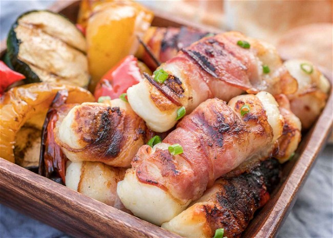 Image of Barbecued Bacon Wrapped Haloumi and Veggies