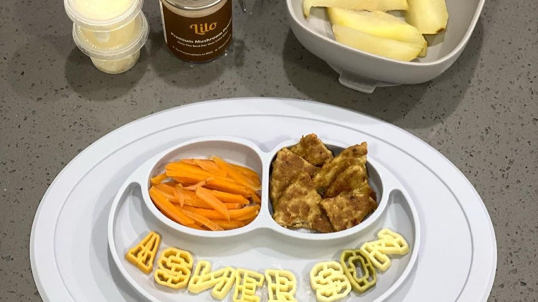 Image of Alphabet Pasta With Meat Tofu Patty And Carrot Strips