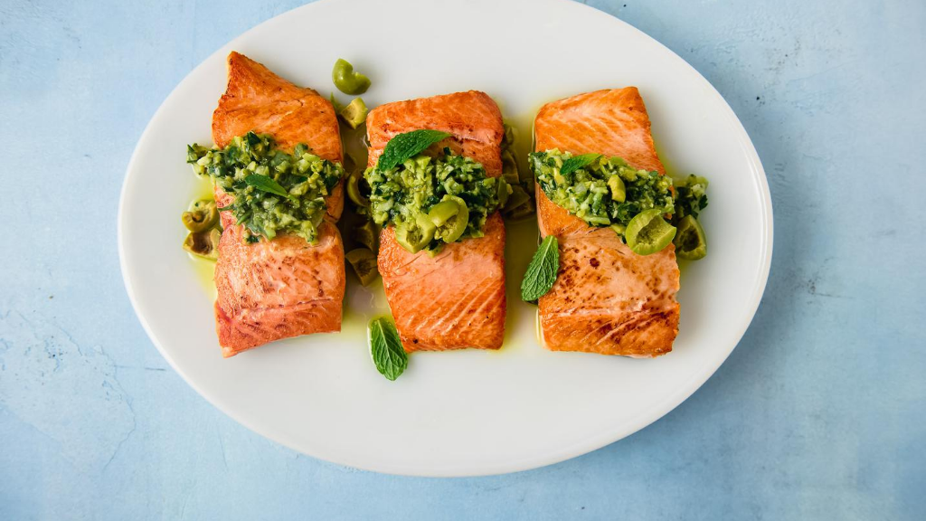 Image of Seared Coho Salmon with Green Olive Salsa