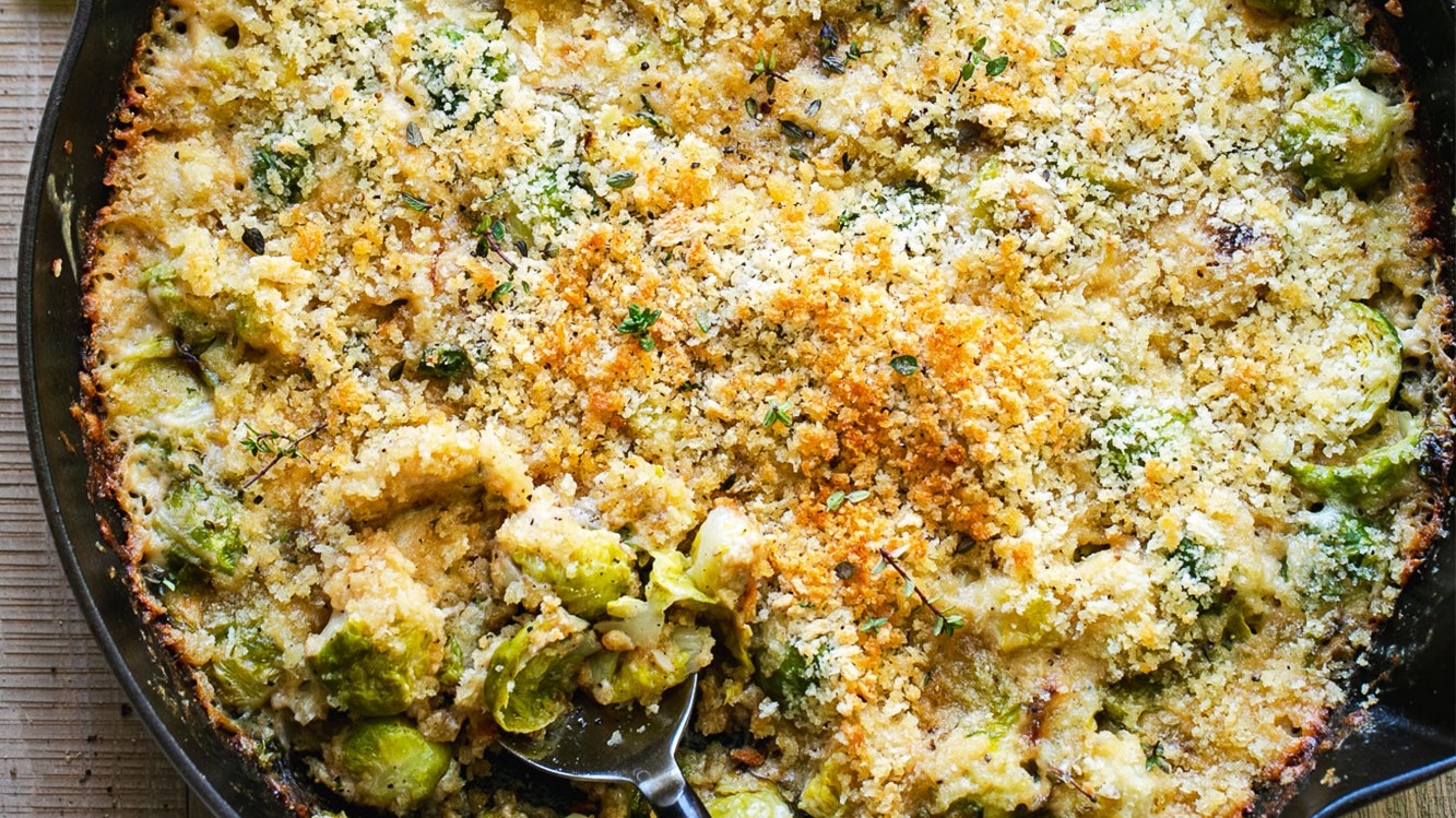 Image of One-Pan Brussels Sprouts Tahini Gratin