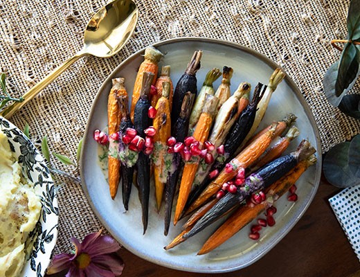 Image of Maple Roasted Carrots in Tahini Sauce with Pomegranate and Pistachios