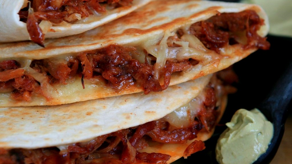 Image of Pulled Pork Quesadilla with Chipotle-Cola BBQ Sauce and Avocado Cream