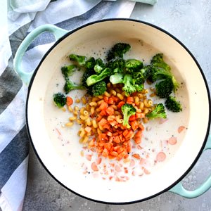 Image of Add the remaining milk, broth, dry noodles, broccoli and carrots.