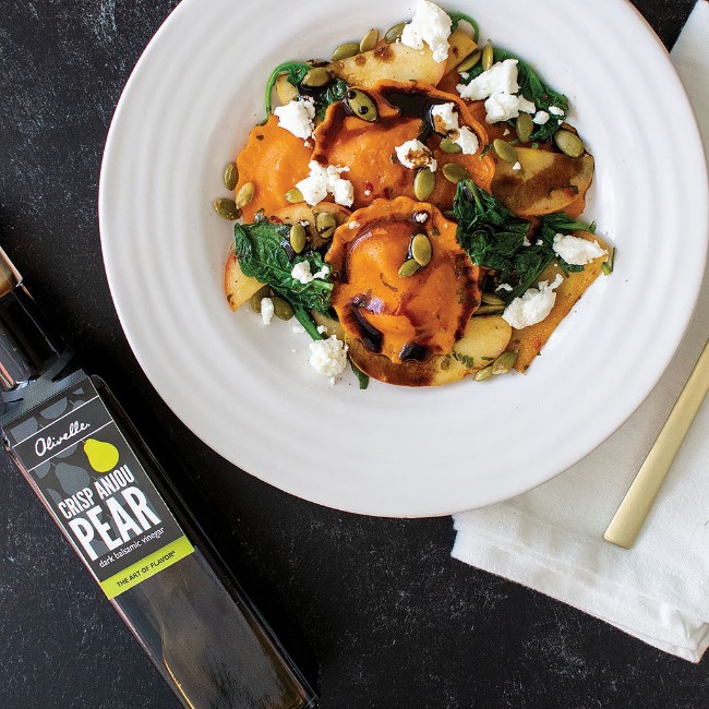 Image of SQUASH RAVIOLI WITH SAUTEED APPLES AND A PEAR BALSAMIC DRIZZLE