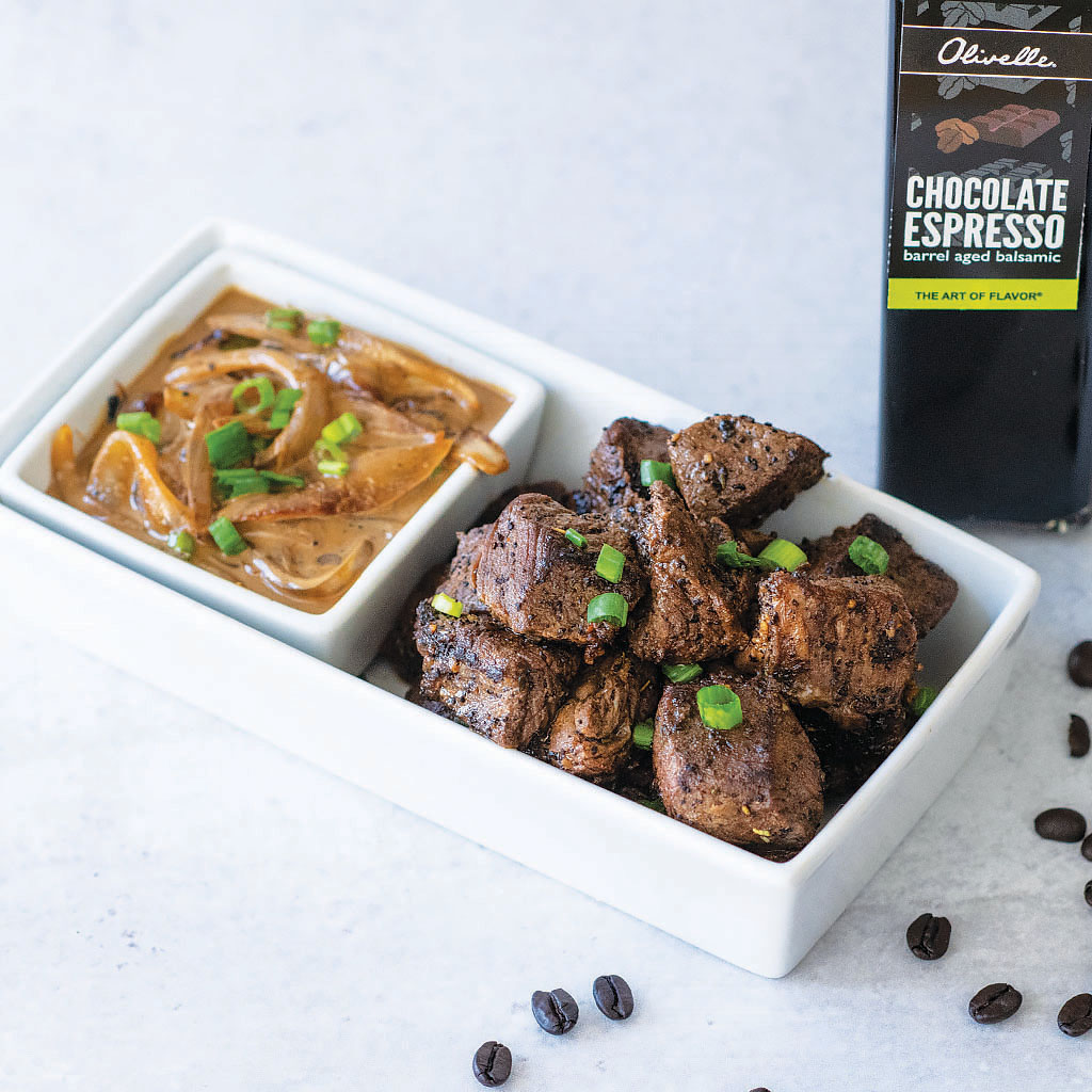 Coffee Steak Tips with Caramelized Onion Balsamic Whiskey Cream Sauce