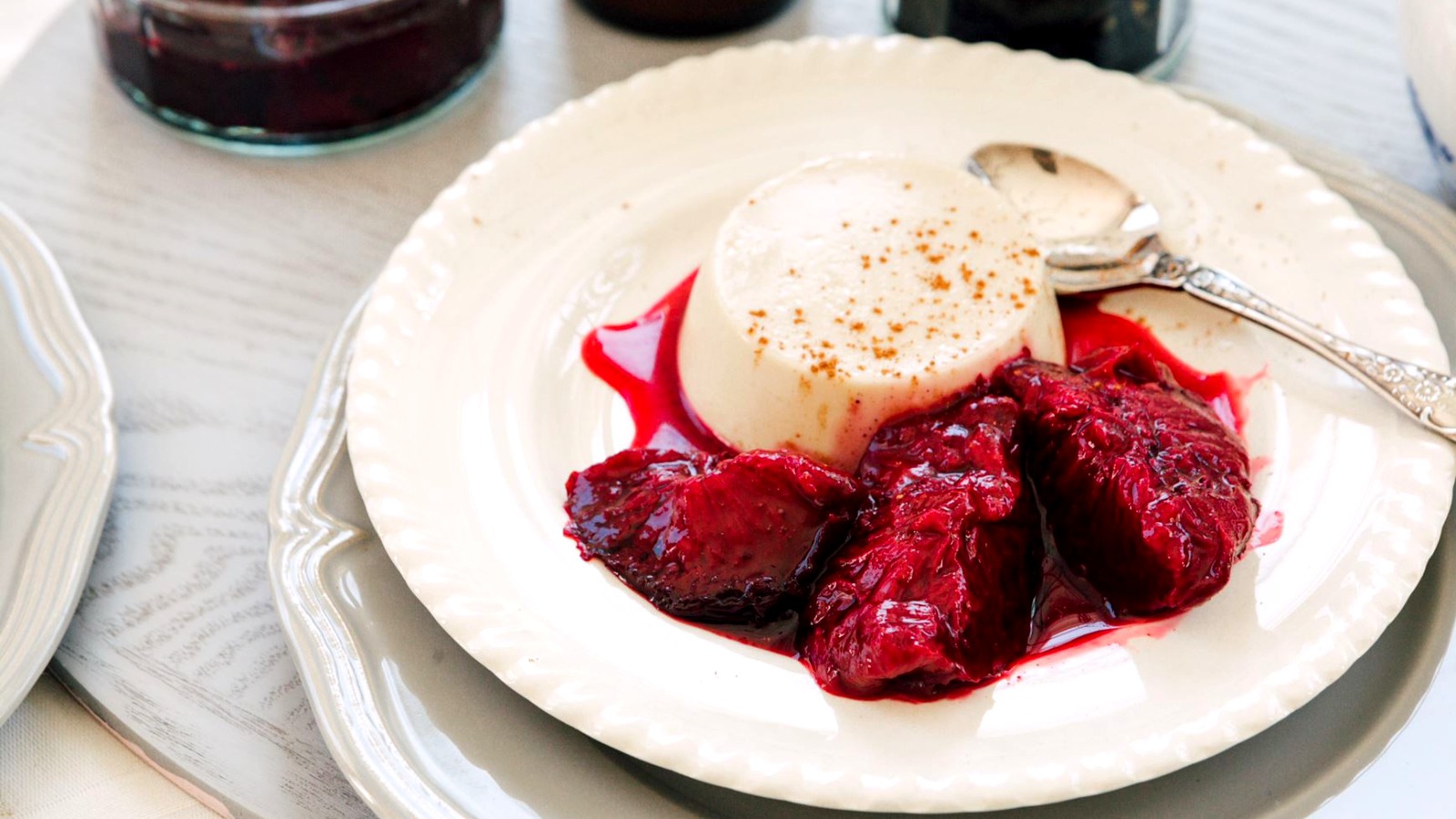 Image of Easter Bun Tea Infused Panna Cotta with Spiced Plums
