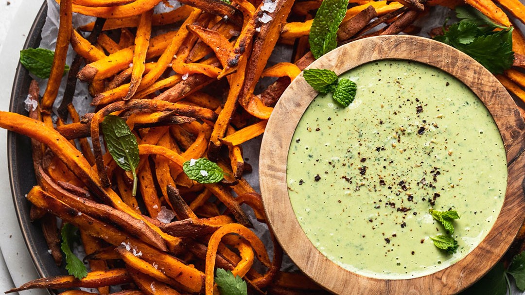Image of Oven Baked Sweet Potato Fries with Green Tahini Dip 