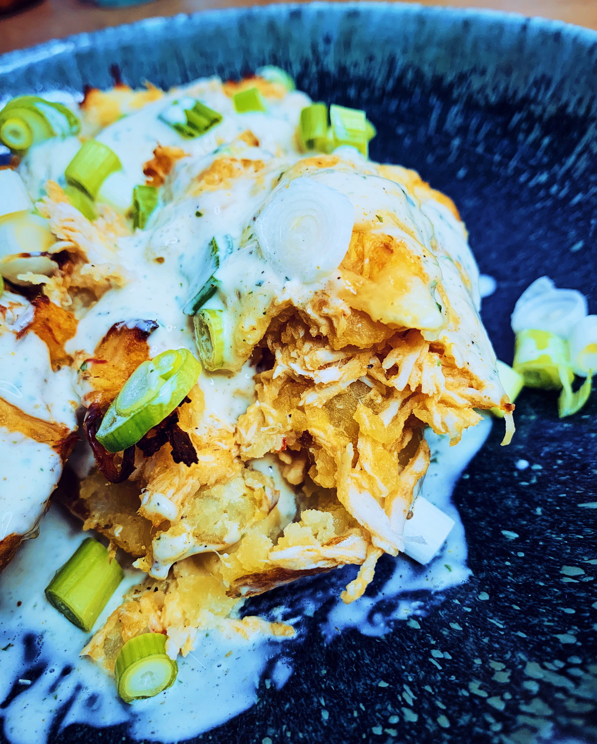 Buffalo Chicken Stuffed Potatoes and Blue Cheese Sauce