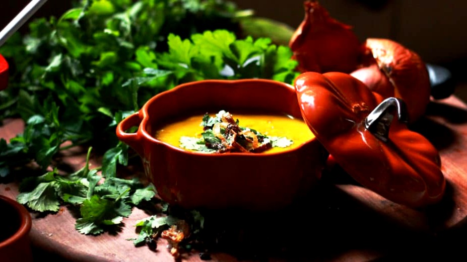 Image of Moroccan Pumpkin Spiced Soup with Fried Shallots