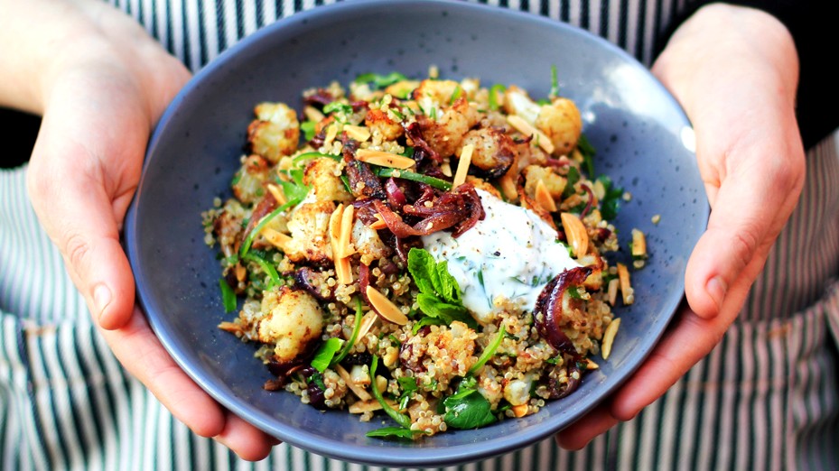 Image of Spiced Cauliflower and Quinoa Salad with Green Chilli & Yoghurt Dressing