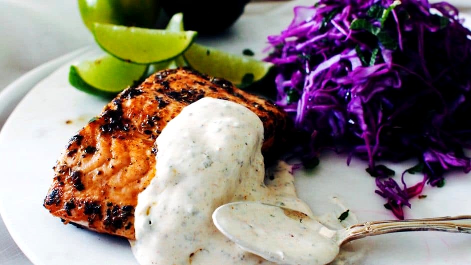 Image of Spiced Salmon with Chimichurri Yoghurt and Slaw