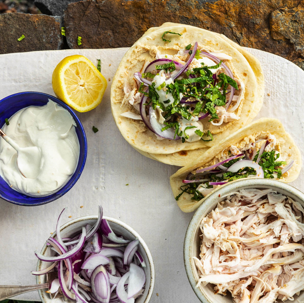 Chicken Tacos With Hummus & Sesame-mint Salsa
