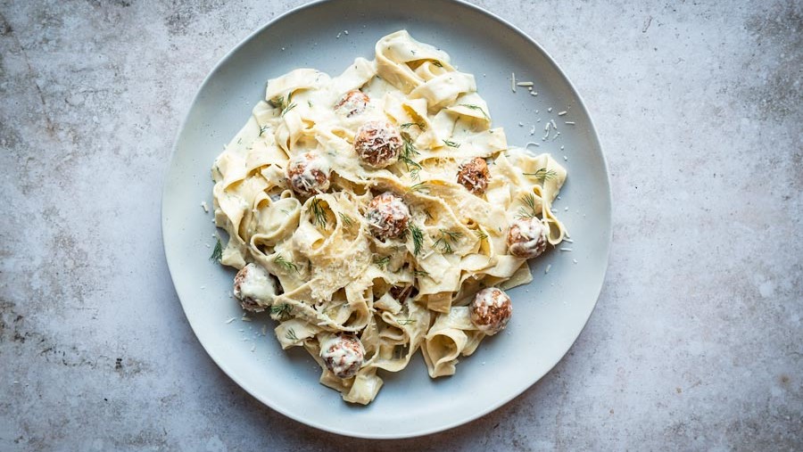 Image of Wild Alaskan Salmon Meatballs with Dill Alfredo Sauce over Pasta
