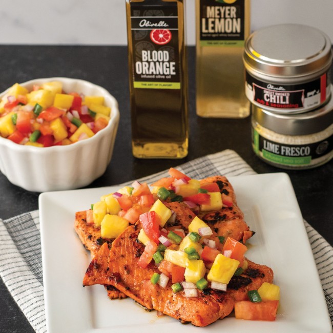 Image of SWEET CHILI CITRUS SALMON AND PINEAPPLE SALSA