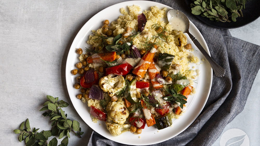 Image of Couscous with Roasted Veggies and Tahini Dressing