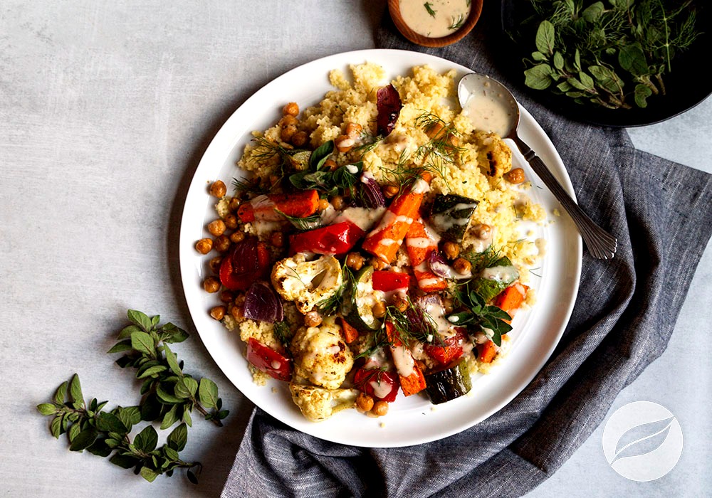 Image of Couscous with Roasted Veggies and Tahini Dressing