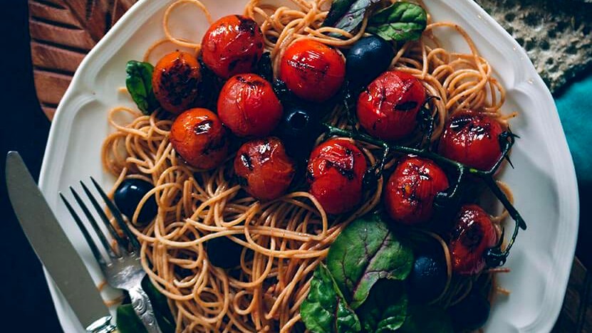 Image of Lentil Spaghetti with Cherry Tomatoes and Olives