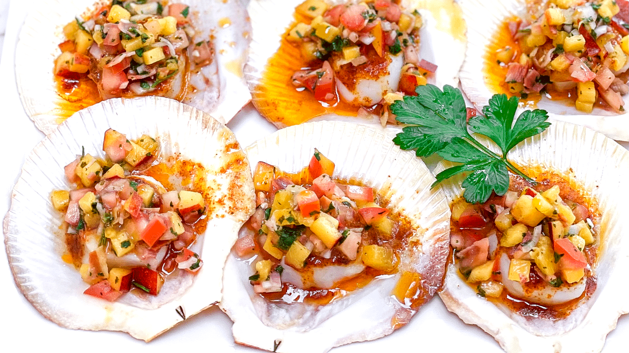 Image of Peri Peri Scallops with Nectarine and Prosciutto Salsa